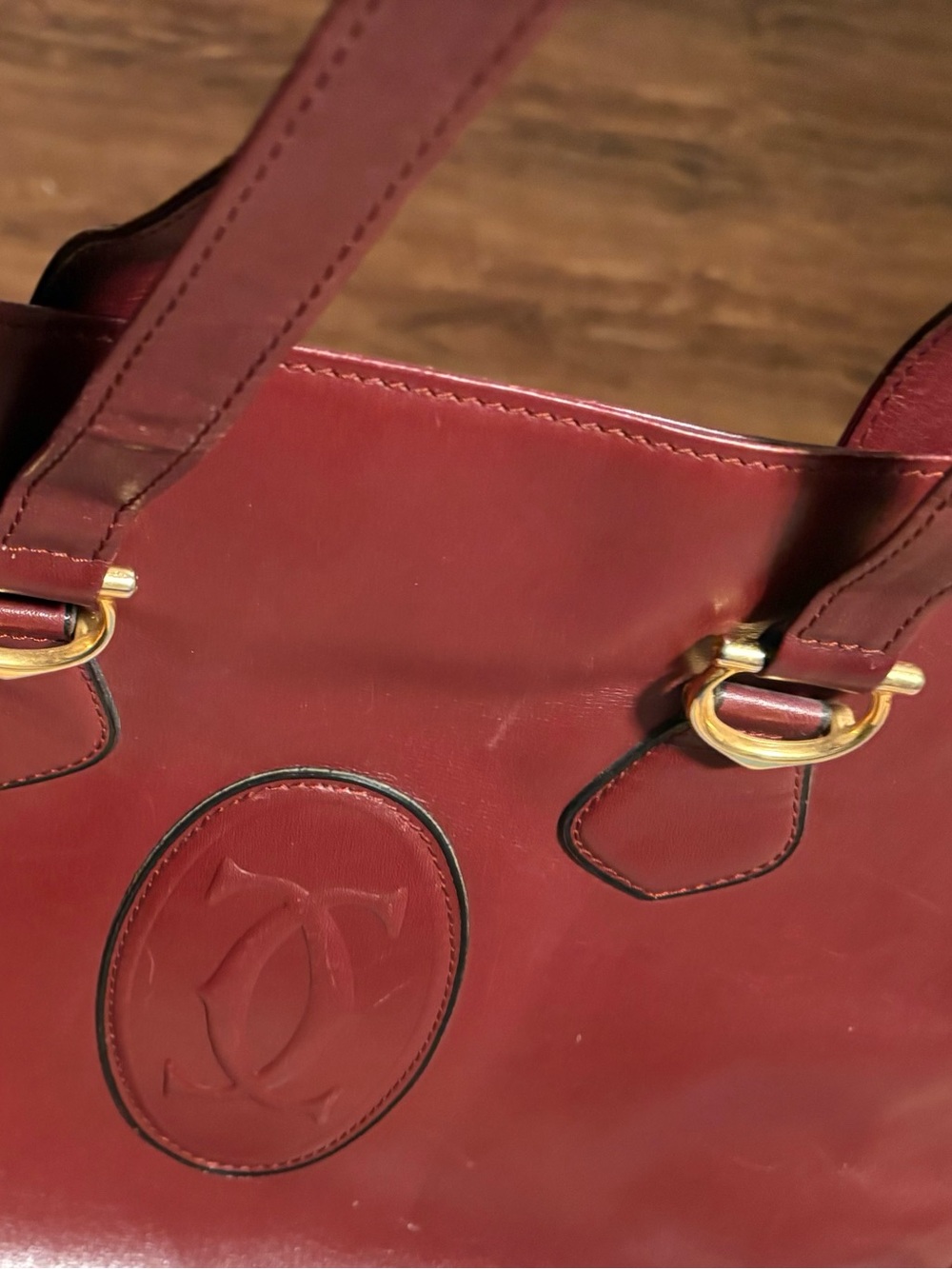 Vintage 1970s Les Must de Cartier Bordeaux Leather Tote Bag Double C Paris - Picture 9 of 11